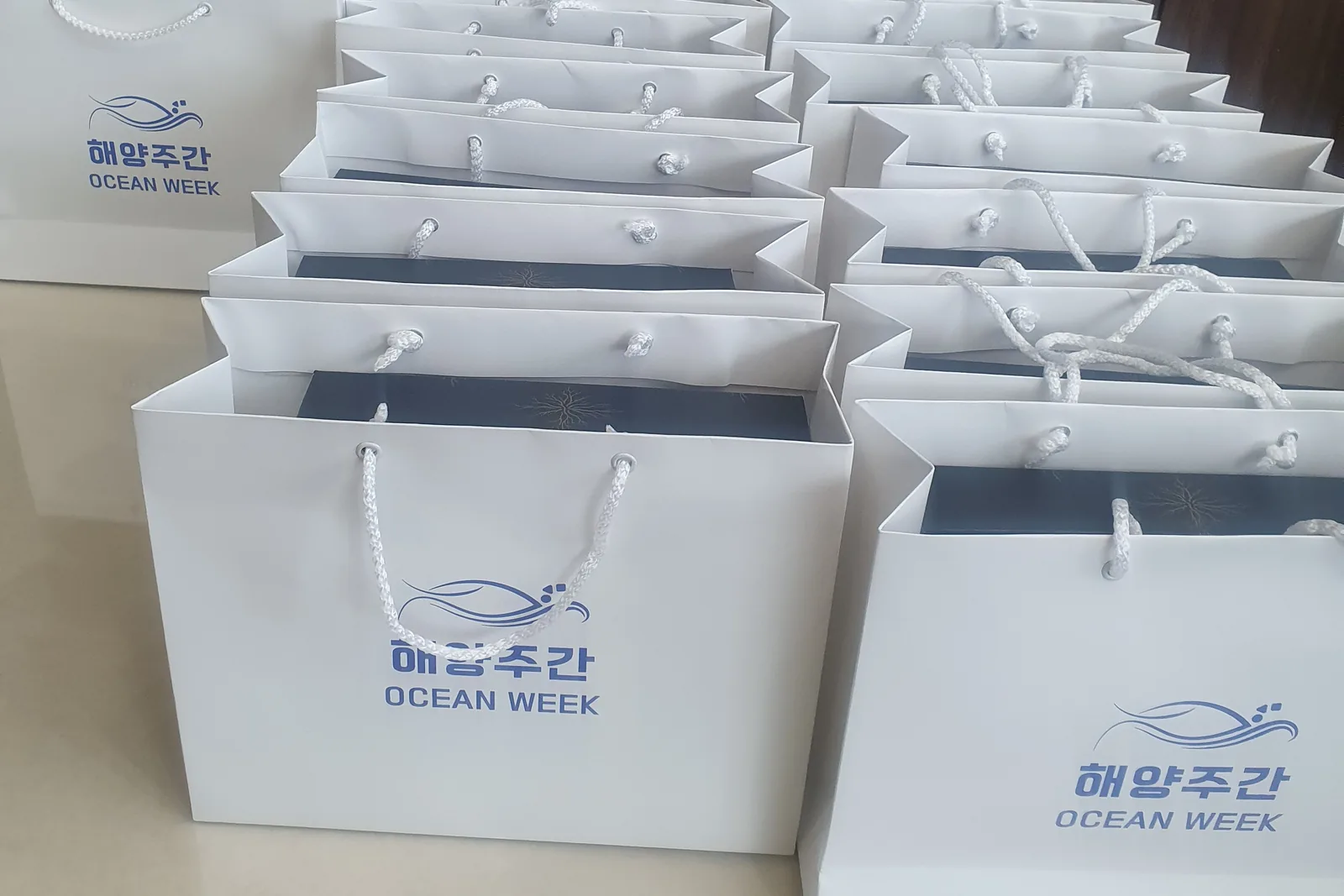해양주간 OCEAN WEEK 로고가 찍힌 흰 종이 쇼핑백 스무여 개가 줄지어 놓여 있고, 앞쪽 가방 안에 남색 상자가 보인다